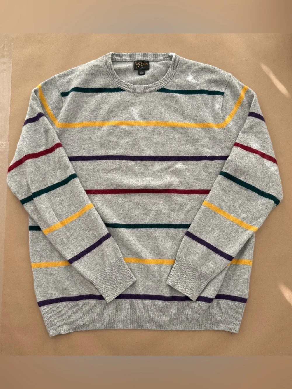 J. Crew Gray Cashmere Sweater with Multicolor Stripes